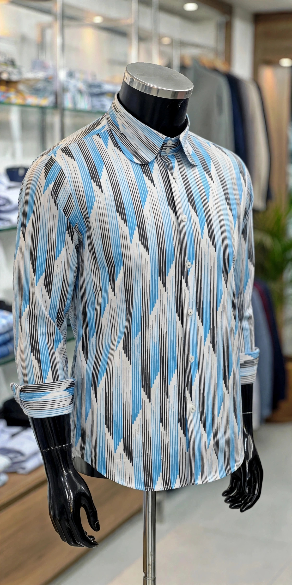 img 20260928 wa1820 Blue Diamond Ikat Print Shirt, angled view