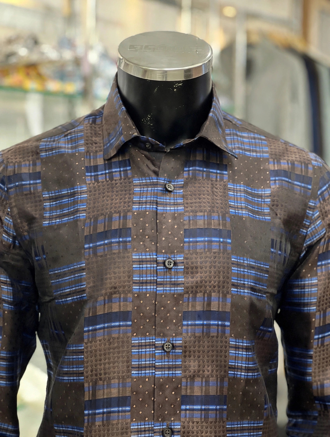 img 20260928 wa3077 Brown and blue patchwork check cotton shirt