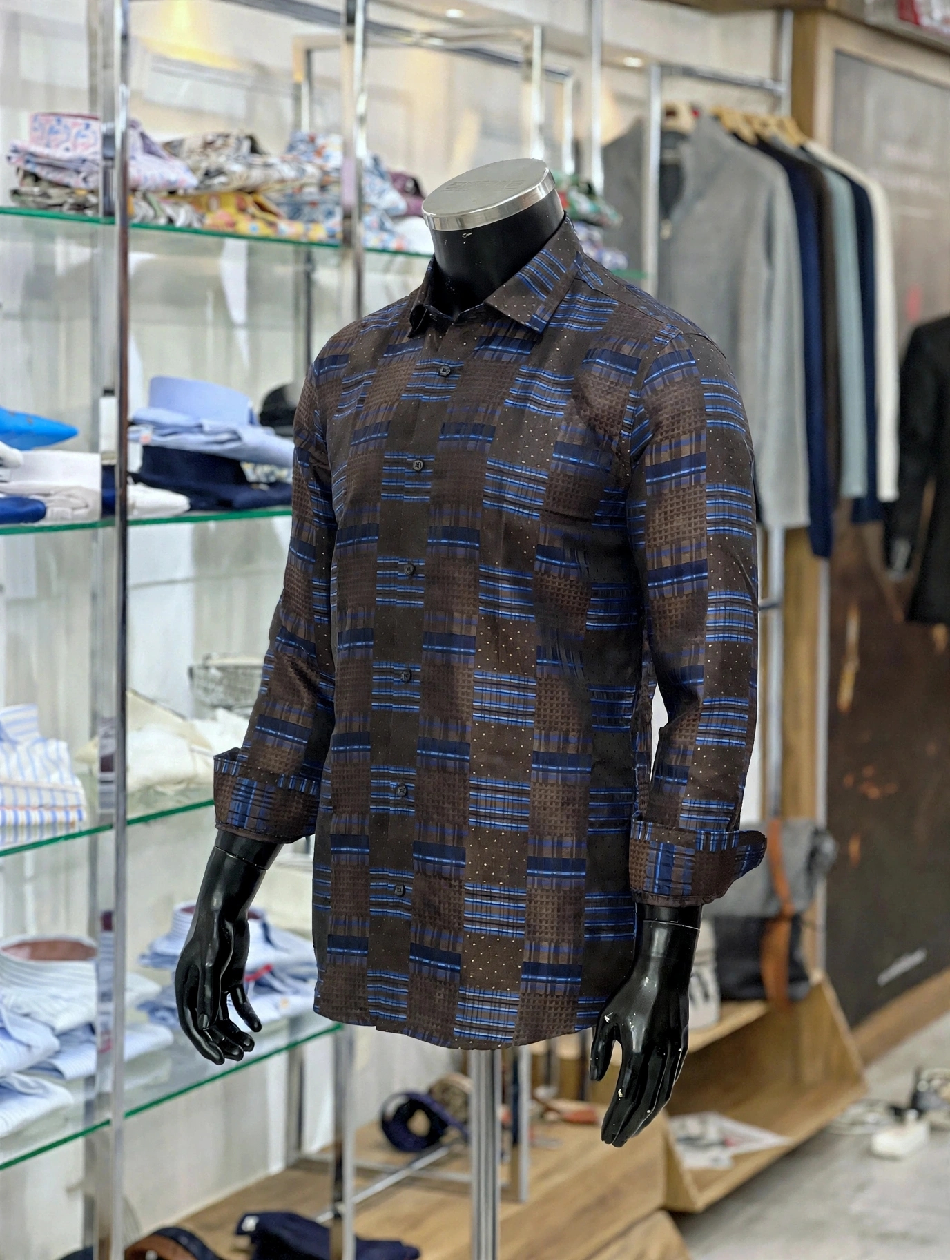 img 20260928 wa8803 Brown and blue patchwork check cotton shirt