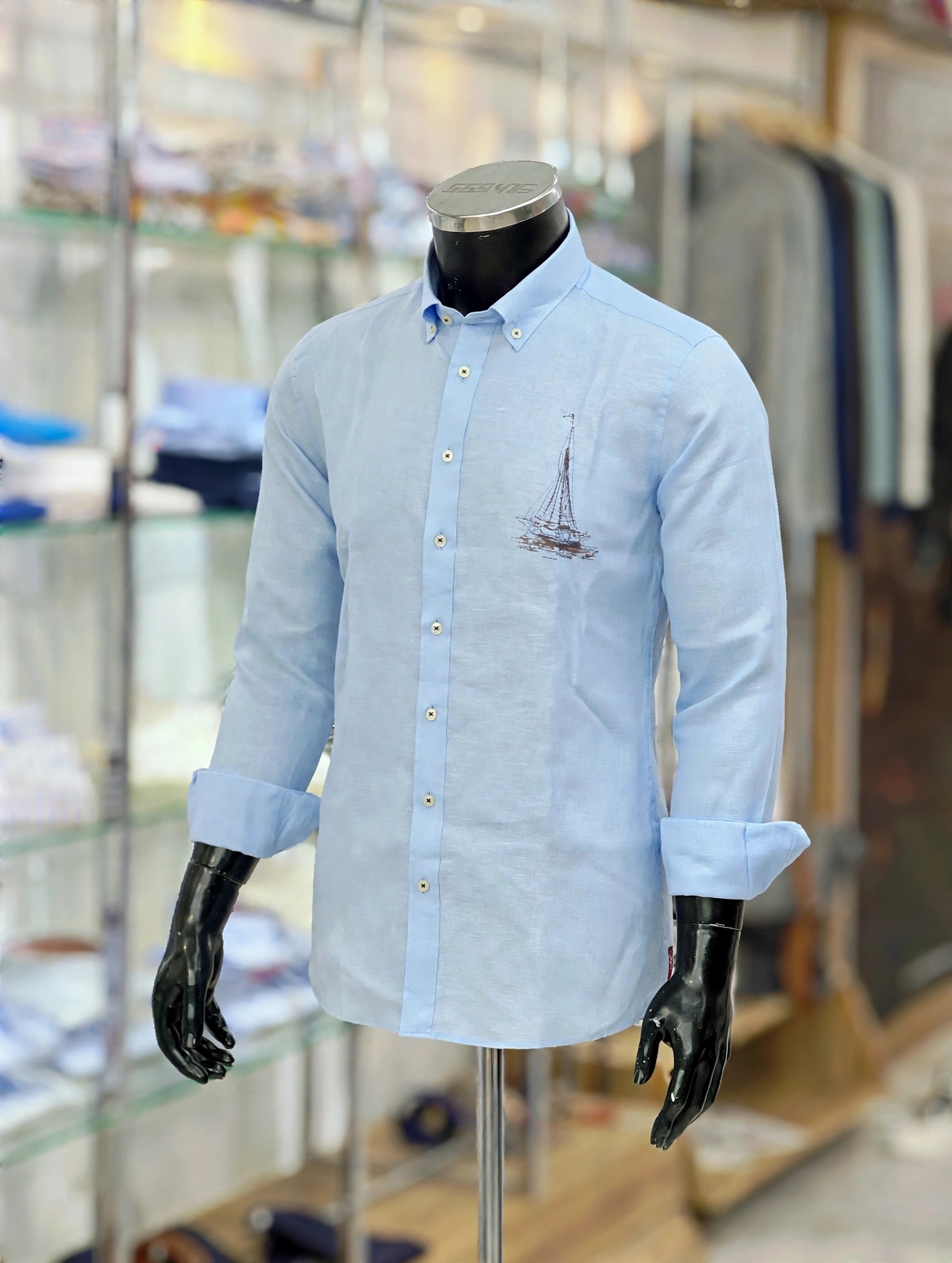 Executive Italian Premium Linen Shirt - Sailboat Embroidery - front angle Executive Italian Premium Linen Shirt - Sailboat Embroidery - front angle