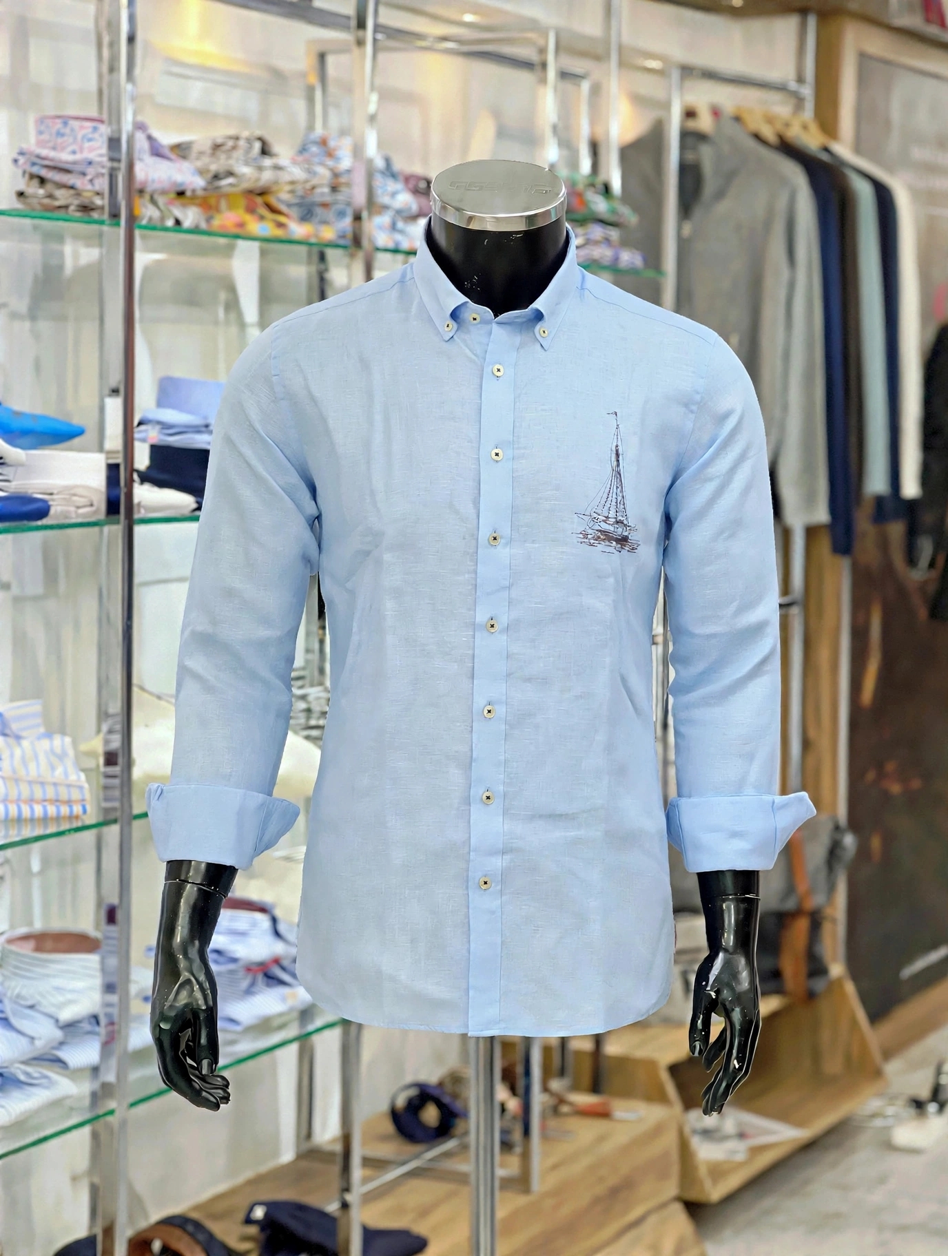 Executive Italian Premium Linen Shirt - Sailboat Embroidery - front view Executive Italian Premium Linen Shirt - Sailboat Embroidery - front view