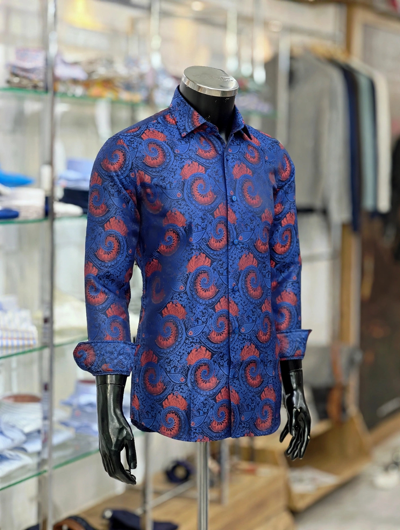 img 20260929 wa0665 Royal blue cotton floral paisley shirt with coral red motifs