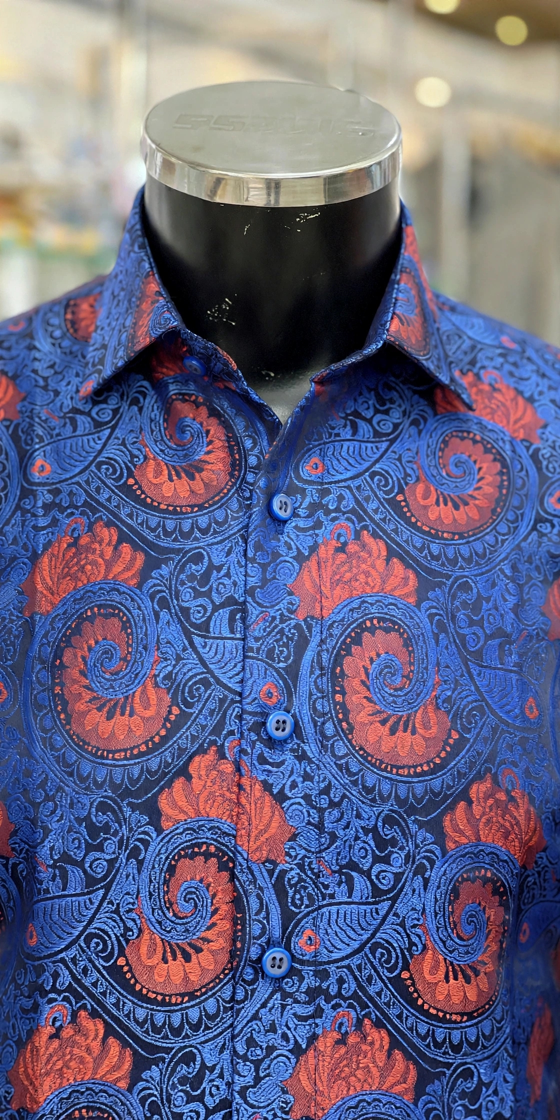 img 20260929 wa2777 (1) Royal blue cotton floral paisley shirt with coral red motifs