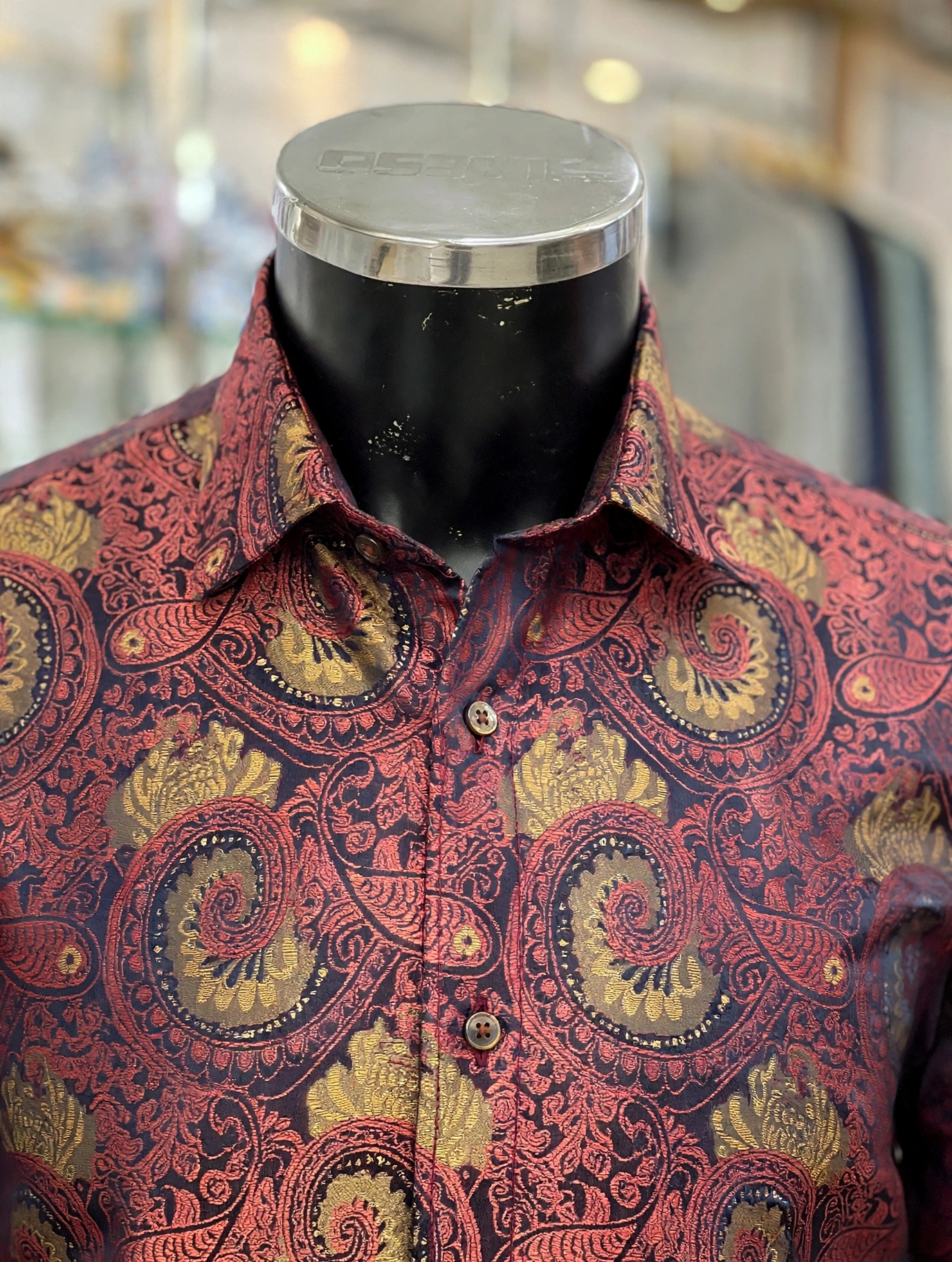 img 20260929 wa5167 Burgundy red and gold paisley cotton jacquard shirt