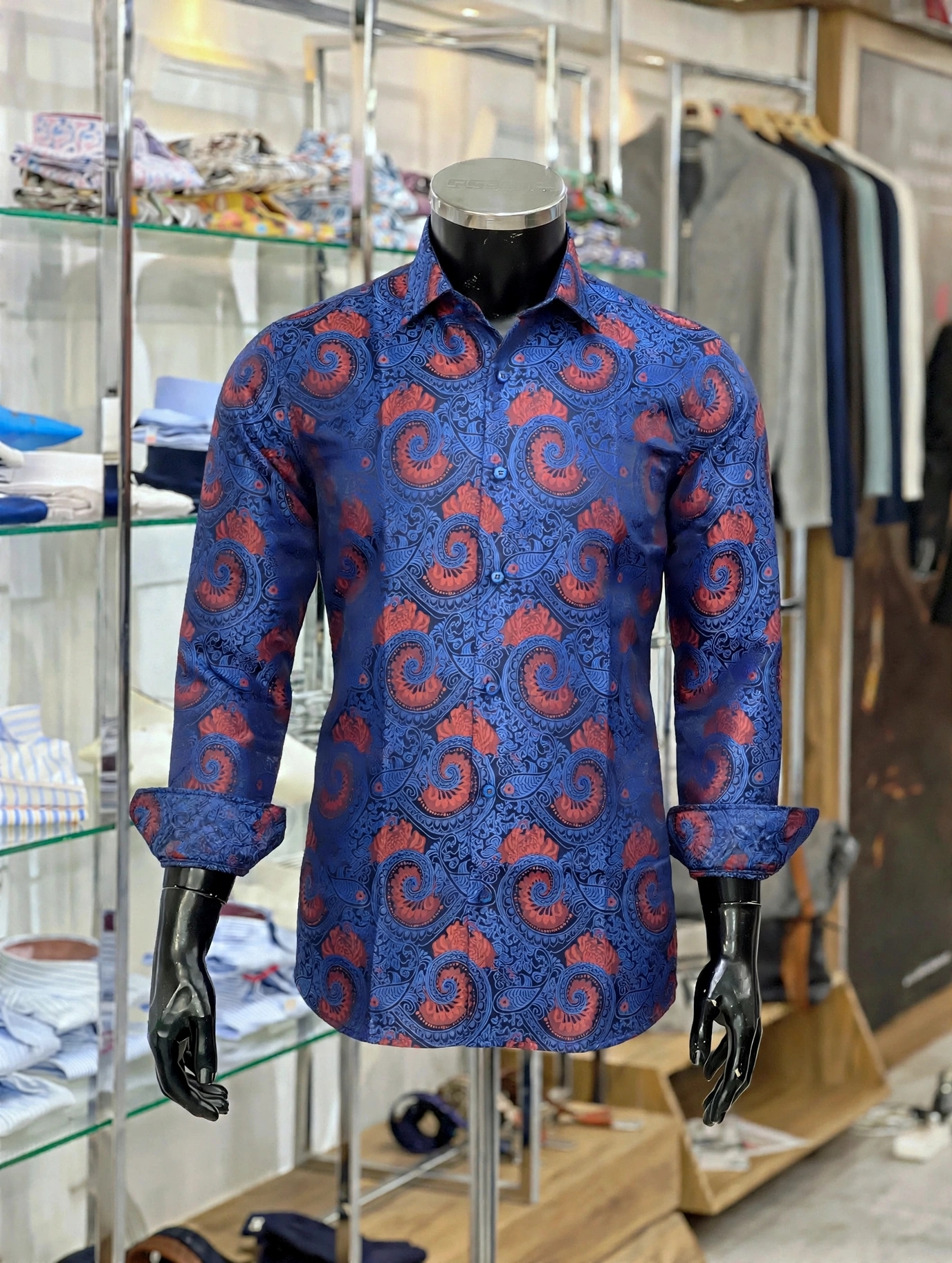 img 20260929 wa9635 (1) Royal blue cotton floral paisley shirt with coral red motifs