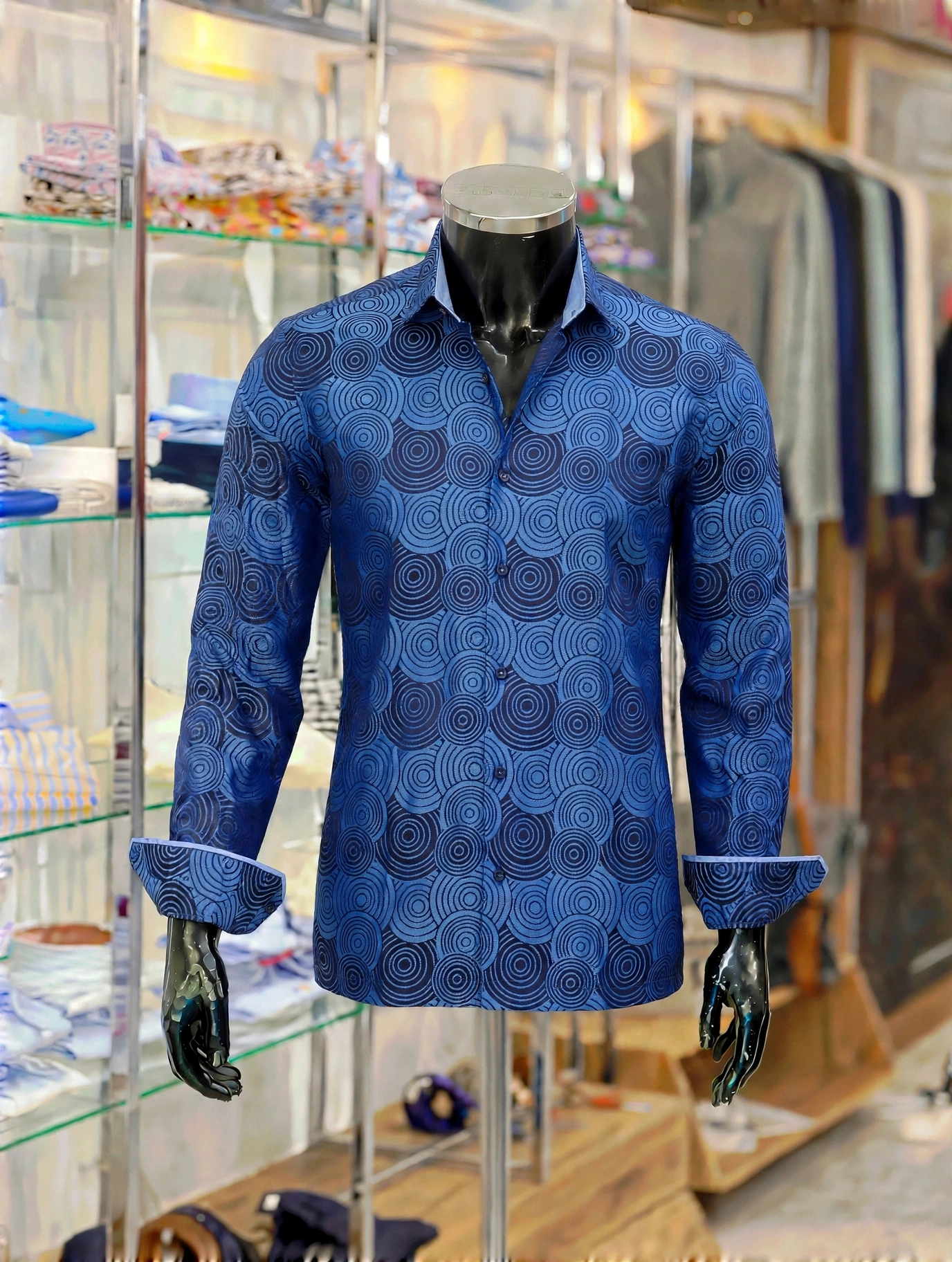 img 20260930 wa3040 Blue cotton jacquard shirt with concentric circle pattern