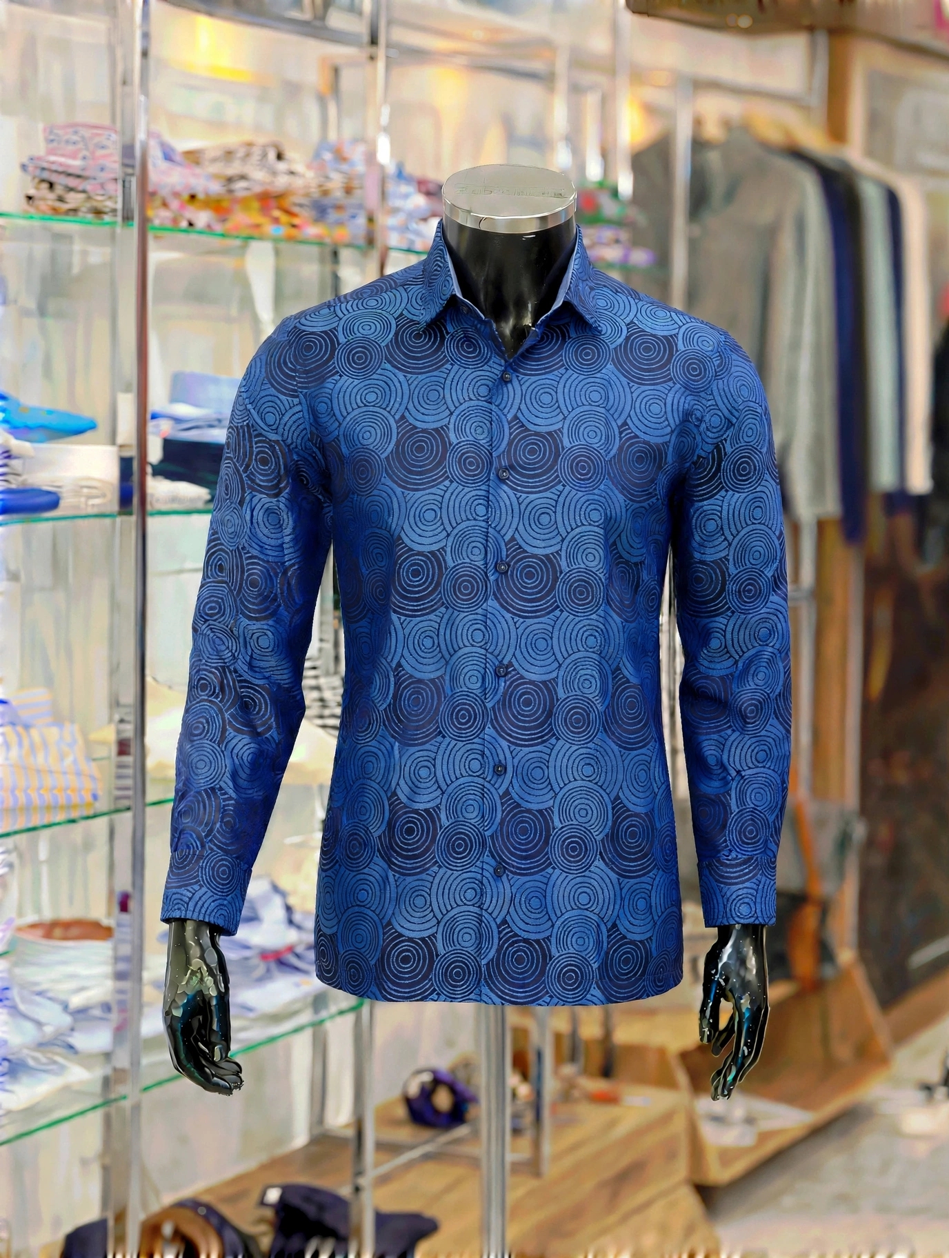 img 20260930 wa6545 Blue cotton jacquard shirt with concentric circle pattern