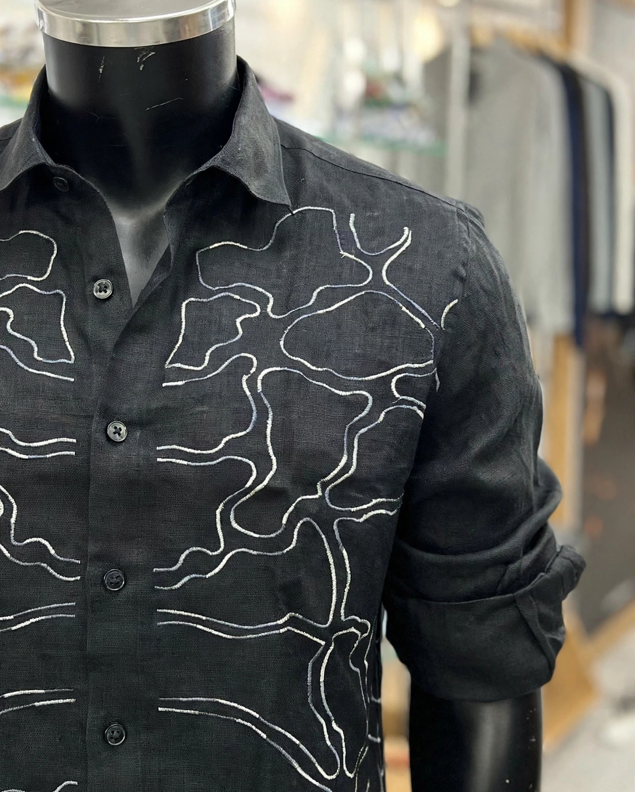 img 20261003 wa0680 Black Italian linen shirt with embroidered line pattern