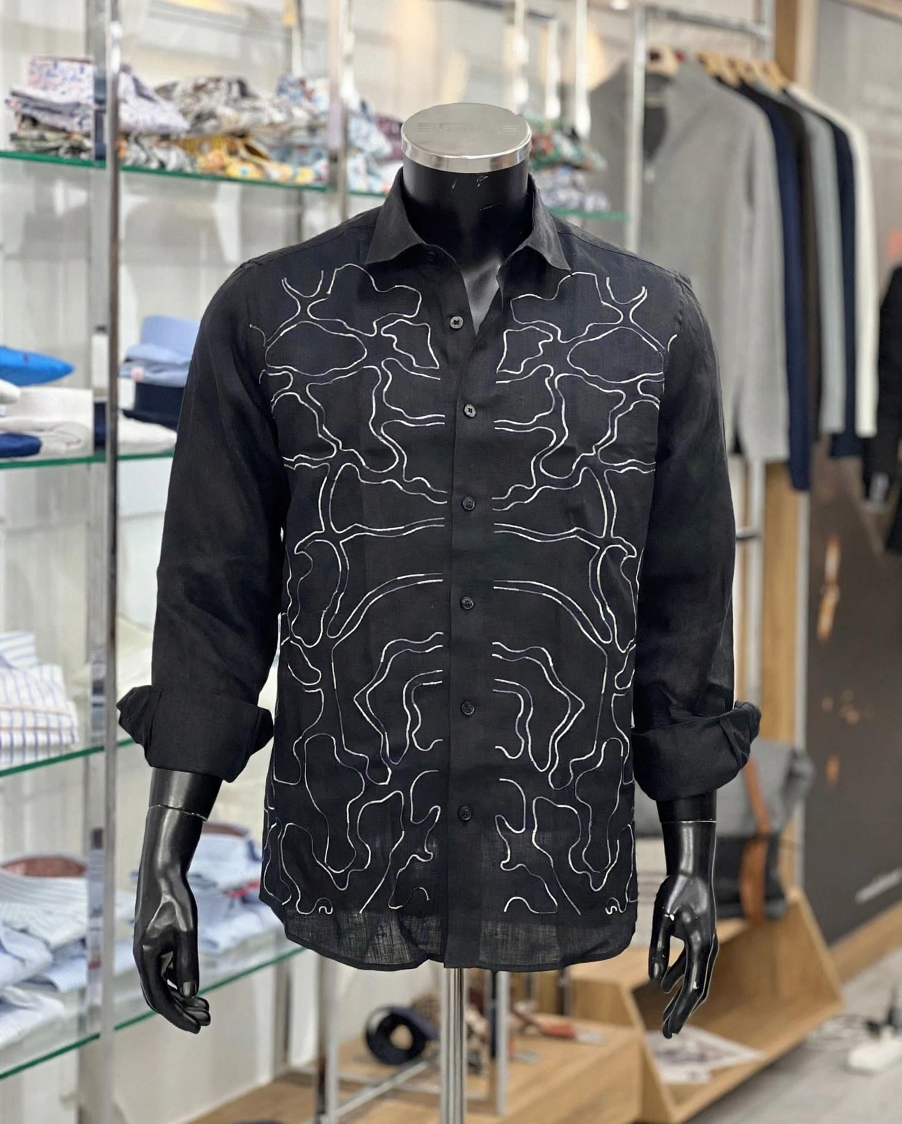 img 20261003 wa9117 Black Italian linen shirt with embroidered line pattern