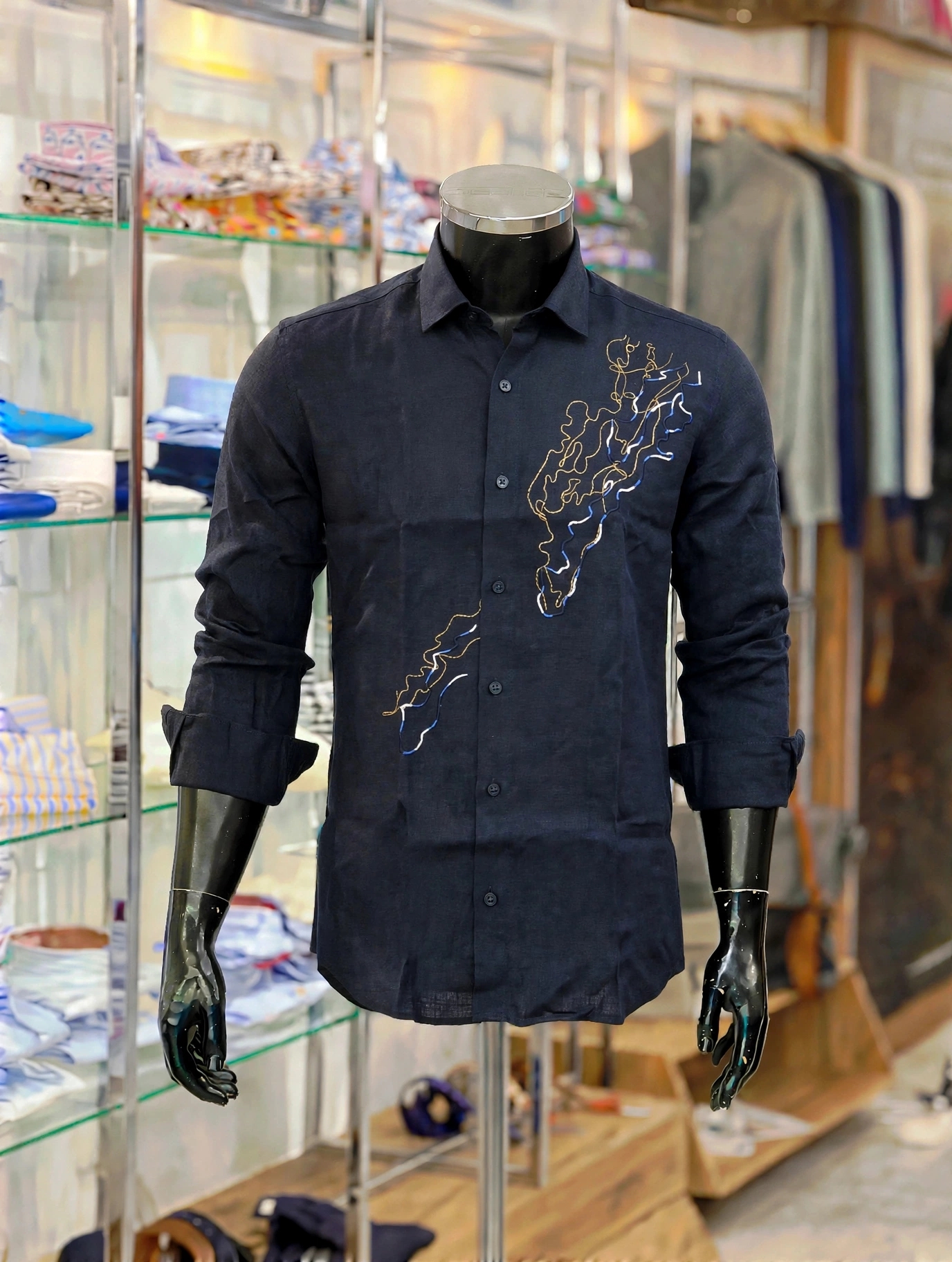 img 20261006 wa4109 Navy Italian linen shirt with multicolour embroidery