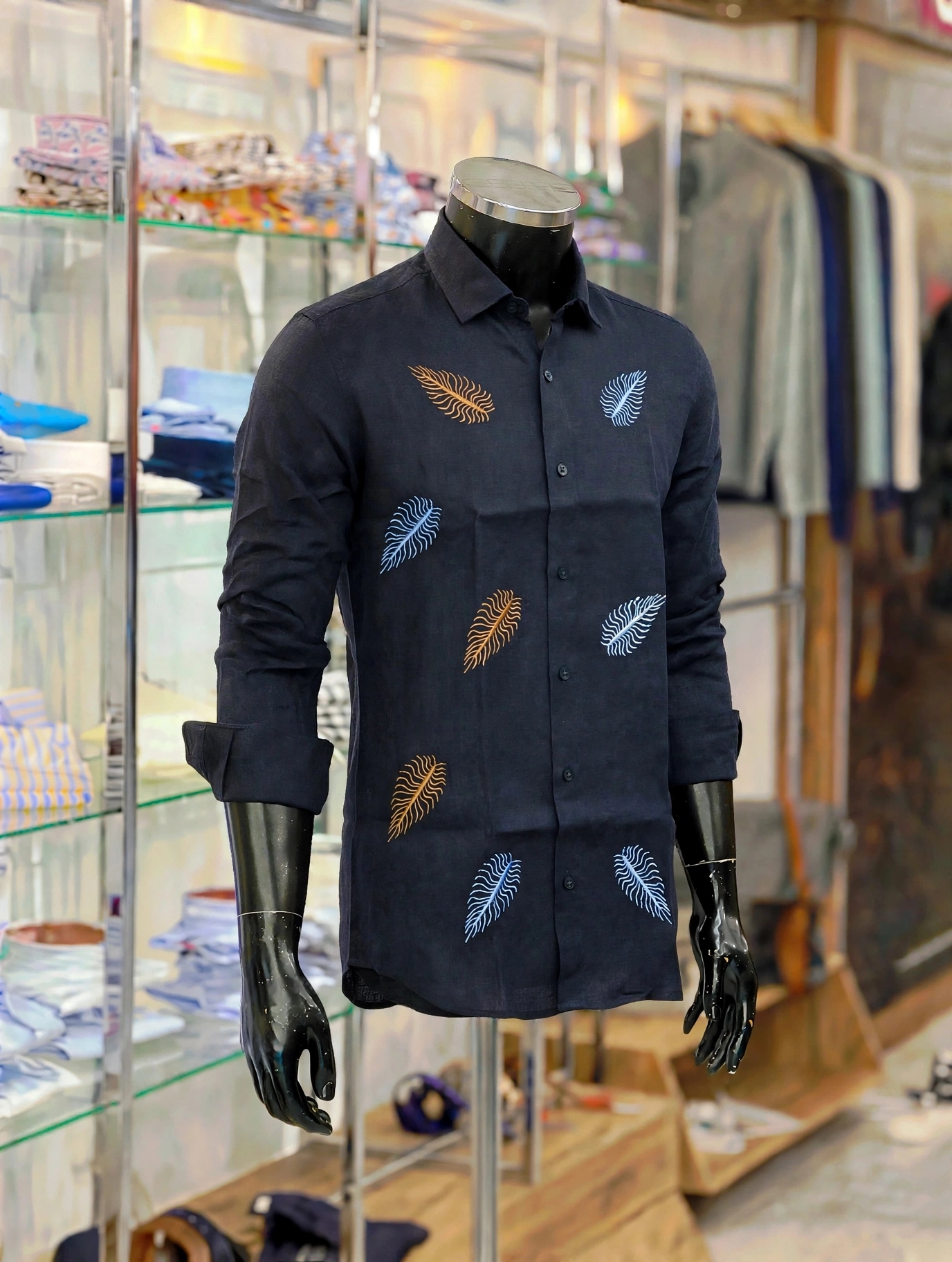 img 20261006 wa6997 Blue black Italian linen shirt with embroidered leaf motifs