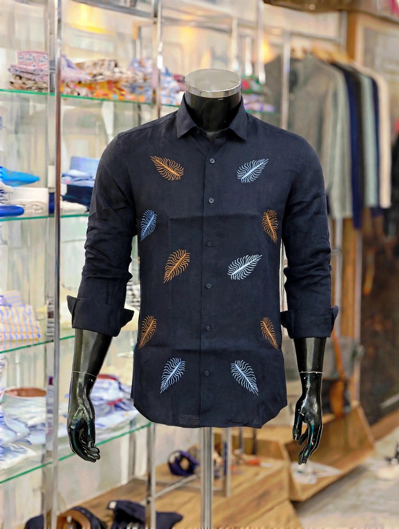 img 20261006 wa7753 Blue black Italian linen shirt with embroidered leaf motifs